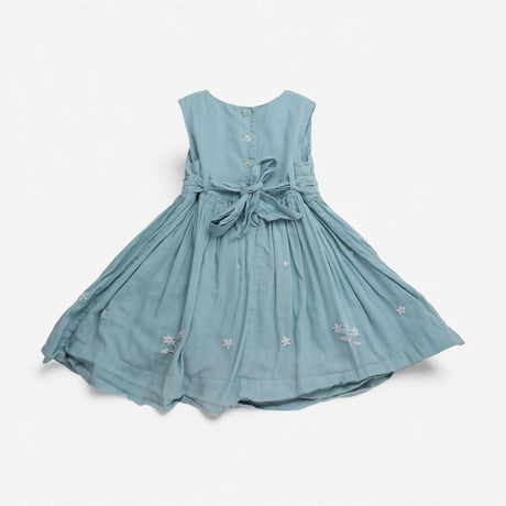 Dress blue embroidered flowers tie belt