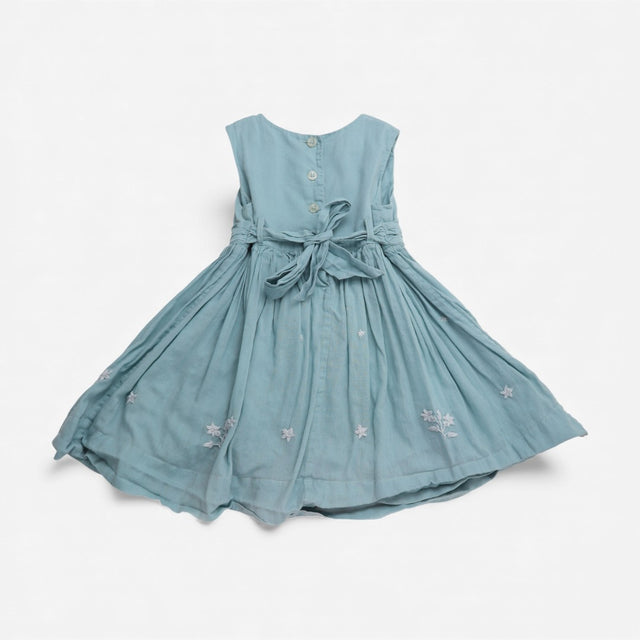 Dress blue embroidered flowers tie belt