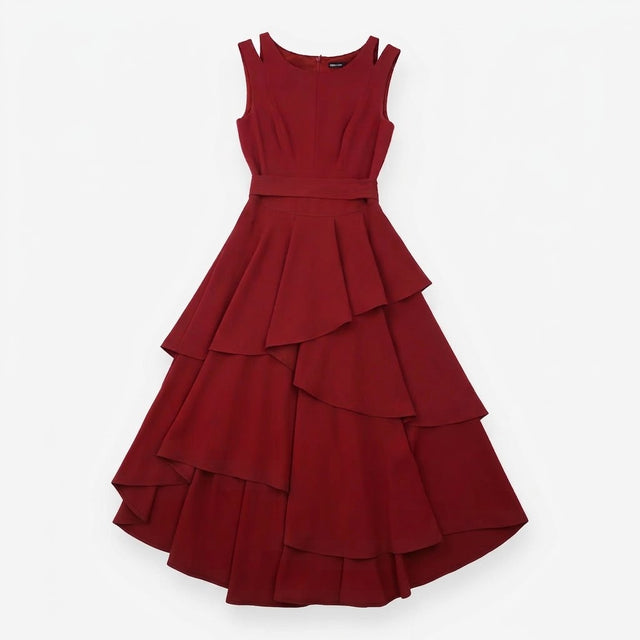 Burgundy Belted Sleeveless Midi Dress