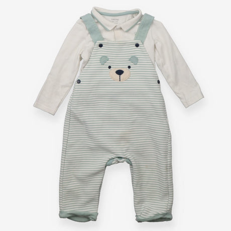 Teal striped dungarees with bear face