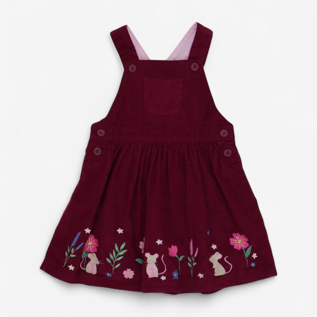 Dress Pinafore Plum Cord with Mouse Appliques