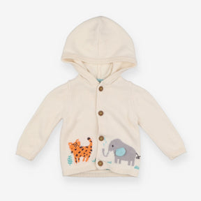 Knitted cream hooded cardigan with applique