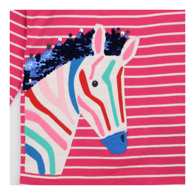 Pink striped LS top with sequin rainbow zebra