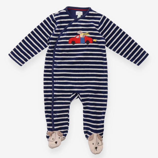 Velour Sleepsuit Navy and White Stripe - Dog in Ra