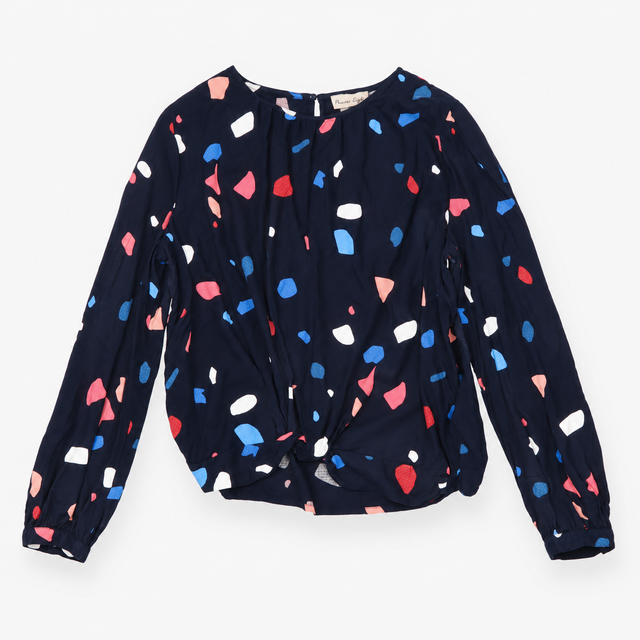 Long Sleeve Blouse Geometric Abstract Print Navy