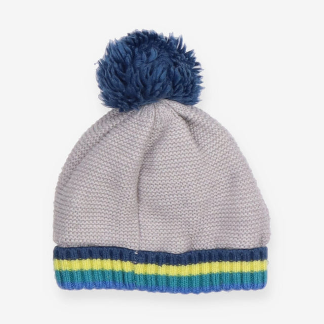 Grey knit dino hat yellow and green stripes