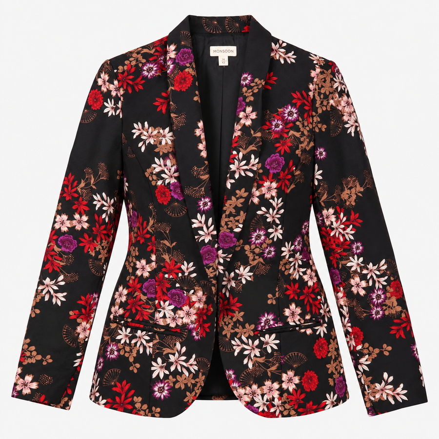 Floral Jacquard Tailored Blazer Jacket Black Berry