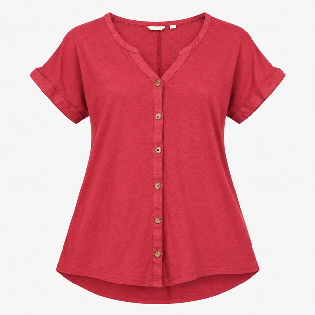 Rhubarb Red Linen Blend Button Front Tunic Top