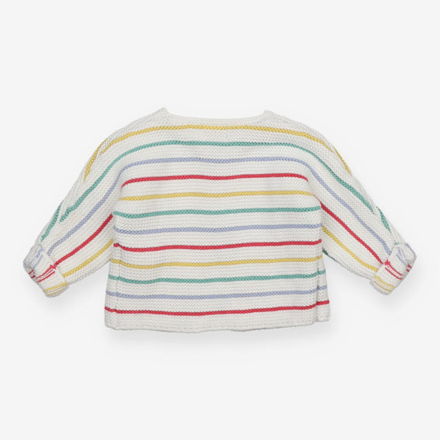 White Knit Cardigan with Colourful Stripes 