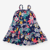 Tiered Dress Navy Neon Coloured Flowers and Birds