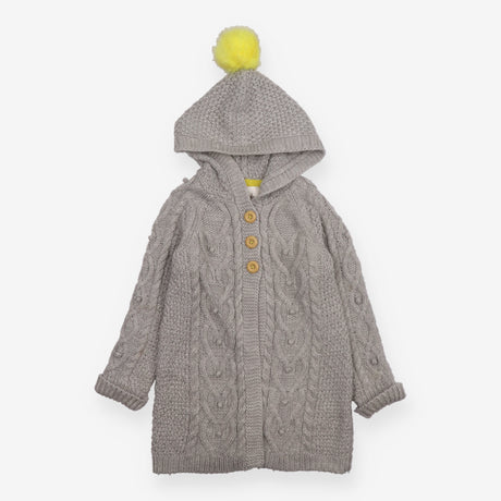 Cardigan Long Cable Knit Grey with Yellow Pom Pom