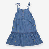Denim Tiered Dress with Embroidered Bees 