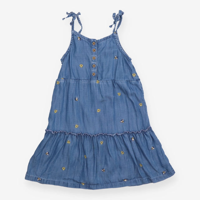Denim Tiered Dress with Embroidered Bees 