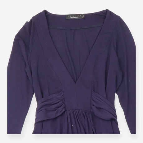 Dress Navy Blue Plunging V-Neck Long Sleeve Ruched