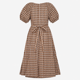 Dress Brown Check Gingham Wrap Midi Short Puff Sle