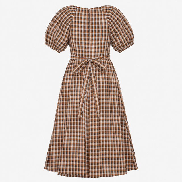 Dress Brown Check Gingham Wrap Midi Short Puff Sle