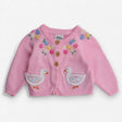 Cardigan pink wood buttons flowers geese bottom