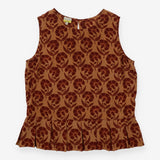 Sleeveless Top Tan Brown Floral Silk Pleated Peplu