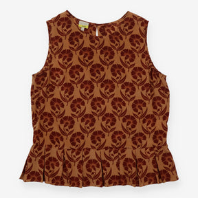Sleeveless Top Tan Brown Floral Silk Pleated Peplu