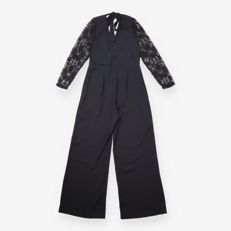 Black V Neck Wrap Front Semi Sheer Lace Long Sleev