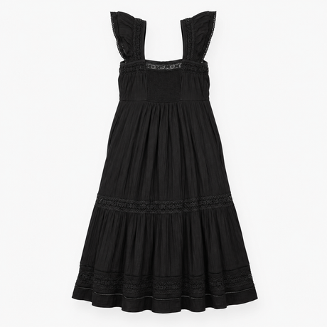 Dress Midi Cotton Lace Tiered Black Cap Sleeve