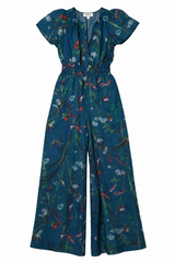 Teal Floral Wide Leg Short Sleeve Jumpsuit