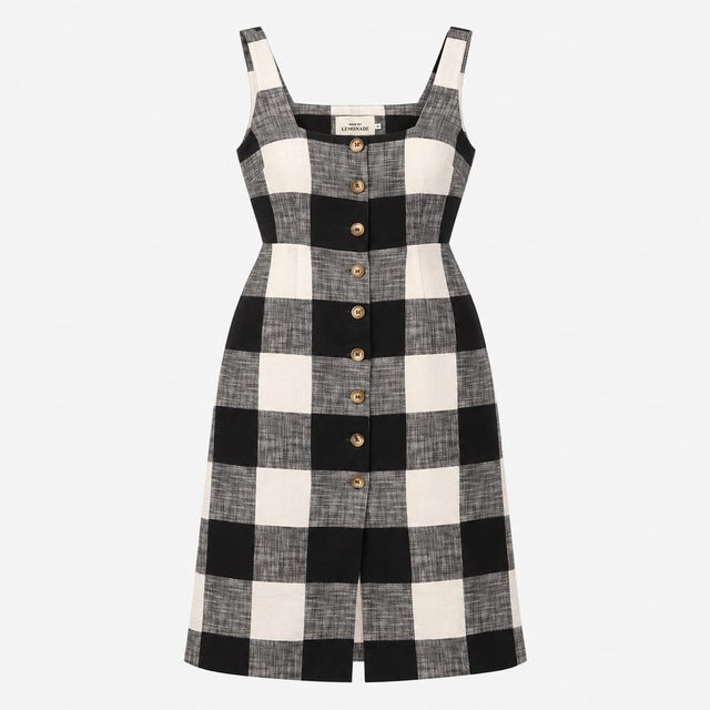 Black White Gingham Check Lyocell Linen Square Nec