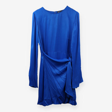 Satin High Neck Long Sleeve Wrap Mini Dress blue
