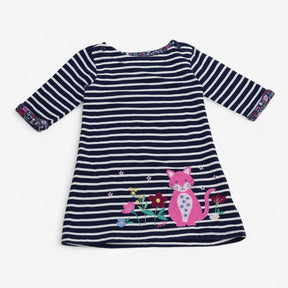 Dress Jersey Navy Striped with Pink Cat Applique