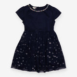 Dress Navy Gems Neckline and Tulle Skirt with Silv