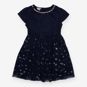 Dress Navy Gems Neckline and Tulle Skirt with Silv