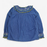 Denim Blouse with Floral smock Collar