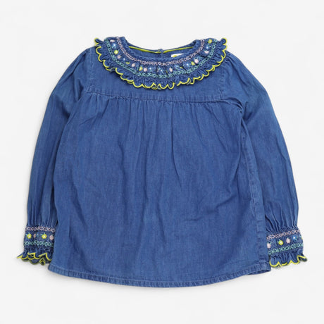Denim Blouse with Floral smock Collar