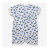 White shortie romper with blue monkeys