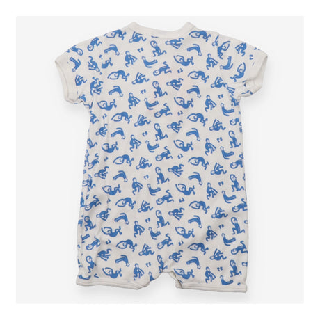 White shortie romper with blue monkeys