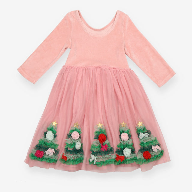 Dress pink velour top tuille skirt christmas trees