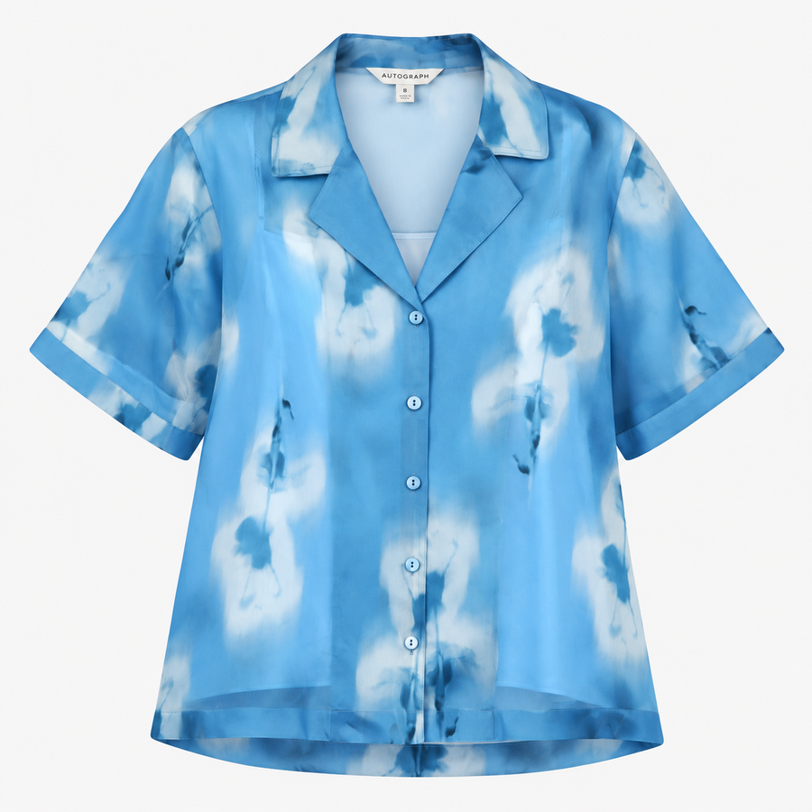 Shirt Blue Abstract Print Revere Collar Short Slee