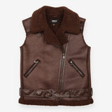Waistcoat Brown Faux Leather Shearling Biker Gilet