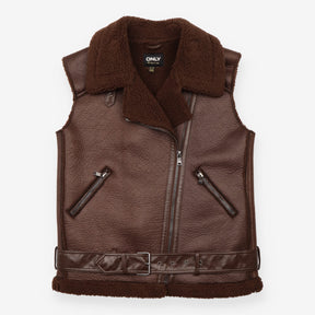 Waistcoat Brown Faux Leather Shearling Biker Gilet