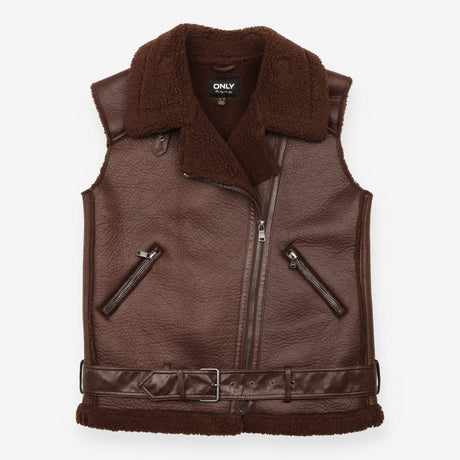 Waistcoat Brown Faux Leather Shearling Biker Gilet