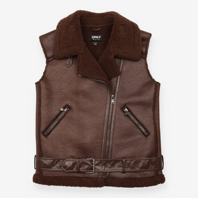 Waistcoat Brown Faux Leather Shearling Biker Gilet