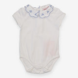 Bodysuit SS white blue trim collar