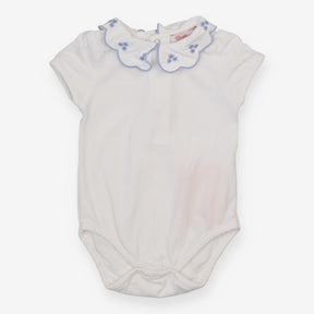 Bodysuit SS white blue trim collar