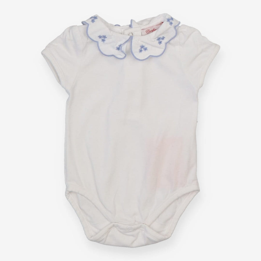 Bodysuit SS white blue trim collar