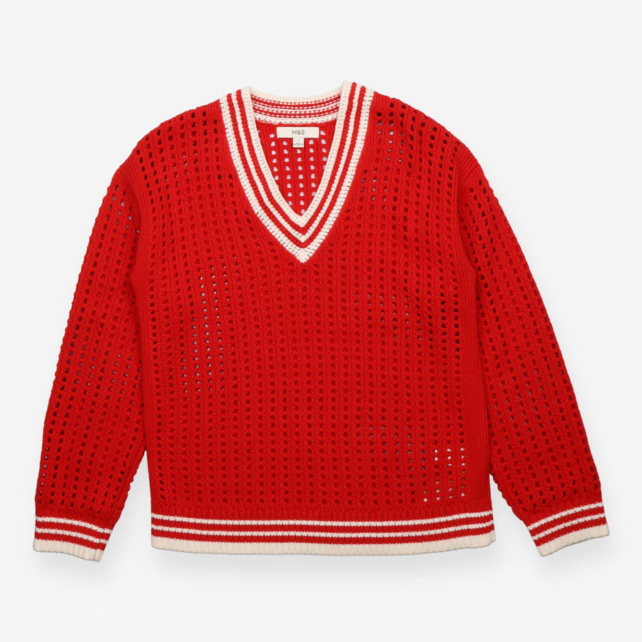Red Cotton Blend Open Knit V-Neck Cricket Jumper W