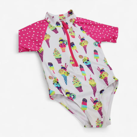 Swimsuit with sleeves White and Pink with Ice Crea