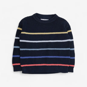 Navy knit crew neck jumper with multi coloured str