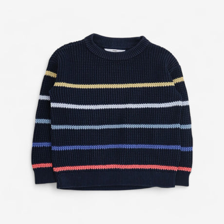 Navy knit crew neck jumper with multi coloured str