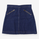 Dark Rinse Denim Skirt Brass Zip Pocket A‑Line
