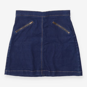 Dark Rinse Denim Skirt Brass Zip Pocket A‑Line